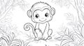 Cute Monkey Sitting in Jungle Line Art Coloring Page for Kids Royalty Free Stock Photo