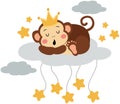 Cute monkey with crown sleeping on cloud with stars Royalty Free Stock Photo