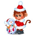 Cute monkey dressed as Santa Claus sculpts snowman isolated on a white background. Sketch of Christmas festive poster Royalty Free Stock Photo