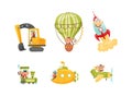 Cute Monkey Driving and Riding Transport Like Train and Submarine Vector Set