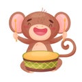 Cute monkey with a drum. Vector illustration on white background.