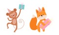 Cute Monkey and Fox Wearing Birthday Hat and Holding Gift Box Celebrating Holiday Vector Set. Royalty Free Stock Photo