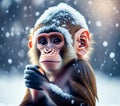 Cute Monkey Freezing Outdoors on Cold Winter Day, Generative AI Illustration