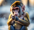 Cute Monkey Freezing Outdoors on Cold Winter Day, Generative AI Illustration