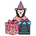 Cute monkey with gifts in birthday party