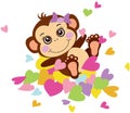 Cute monkey girl lying on top of hearts Royalty Free Stock Photo