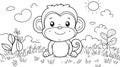 Cute Monkey Coloring Page for Kids, Outline Art, Nature Scene with Sun and Clouds Royalty Free Stock Photo