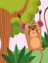 Cute monkey hanging branch tree grass forest nature wild cartoon Royalty Free Stock Photo