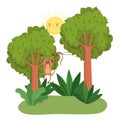 Cute monkey hanging trees forest nature wild cartoon