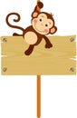 Cute monkey hanging on wooden signboard