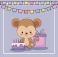 Cute monkey happy birthday card gift and set icons Royalty Free Stock Photo