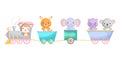 Cute monkey, hippo, elephant, kangaroo and koala ride on train. Graphic element for childrens book, album, postcard or mobile game