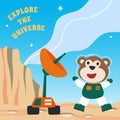Cute monkey and his Rover exploring the red planet. Mission to search for traces of life. Creative vector childish background for