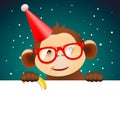 Cute monkey holding white page, Christmas card Royalty Free Stock Photo