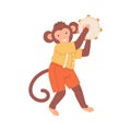 Cute monkey playing tambourine. Happy animal musician performing music. Funny kids character with musical instrument