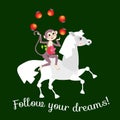 Cute monkey riding a horse juggles with apples. Card Follow your dreams! Vector template