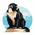 Cute Monkey Silhouette On Rock: Pop Art Flat Colors And Hyper-realistic Illustrations