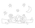 Cute monkey sleeping in a tree. The monkey lies on its side on a branch and sleeps. Black and white contour vector Royalty Free Stock Photo
