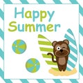 Cute monkey is standing beside surfing board cartoon, Summer postcard, wallpaper, and greeting card Royalty Free Stock Photo