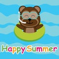Cute monkey is swiiming with swim ring on the beach cartoon, Summer postcard, wallpaper, and greeting card Royalty Free Stock Photo