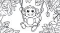 Cute Monkey Swinging on Vines, Jungle Leaves, Black and White Outline Royalty Free Stock Photo