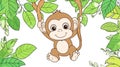 Cute Monkey Swinging on Tree Branch Surrounded by Green Leaves Royalty Free Stock Photo