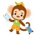 Cute monkey traveler with suitcase and air ticket. Cartoon vector illustration