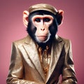 A cute monkey wearing a golden pink suit and red hat on pink background. Fantasy and party animals disco style Concept