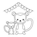 cute monkeys animals with garlands hanging icon