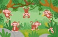 Cute monkeys hanging on lianas trees in jungle forest. Cartoon happy monkey characters play and jump. Childish tropical