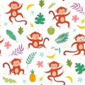 Cute monkeys seamless pattern. Tropical leaves and fruits, banana and funny little animals, jungle wildlife, exotic Royalty Free Stock Photo