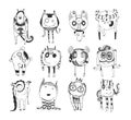 Cute monochrome collection with hand drawn doodle monsters, on white background. Lovely characters staying and watching.