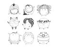 Cute monochrome collection with hand drawn doodle sphere monsters, on white background. Lovely characters staying and wat