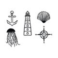 Cute monochrome nautical lineart cartoon vector illustration motif set. Hand drawn isolated anchor, lighthouse, jellyfish and Royalty Free Stock Photo