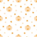 Cute monochrome seamless pattern with pumpkin and stars. Vector illustration in orange tones great for background Royalty Free Stock Photo