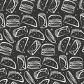 Cute monochrome white outline fast food pattern