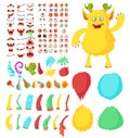 Cute monster cartoon character constructor kit, flat vector isolated illustration. Funny animal and creature body parts.