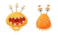 Cute Monster Character as Toothy Mutant with Antenna and Funny Friendly Face and Big Mouth Vector Set