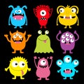 Cute monster colorful round silhouette icon set. Eyes, tongue, tooth fang, hands up. Cartoon kawaii scary funny baby character.