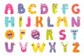 Cute monster English alphabet, spooky font and creepy numbers set with dead zombie, ghost