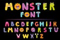 Cute monster English alphabet, spooky font and creepy numbers set with dead zombie, ghost