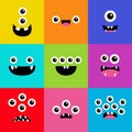 Cute monster face head set banner. Happy Halloween. Nine square monsters. Spooky Smiling Boo screaming sad face emotion. Eyes,