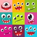 Cute monster faces with eyes, fangs. Cartoon, kind, smiling, expressive, funny facial expressions. Color, bright, vector flat Royalty Free Stock Photo