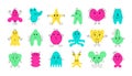 5 Cute monster faces. Funny and scary cartoon minimalistic monsters with cheerful face emotions. Vector isolated set