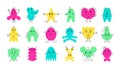 Cute monster faces. Funny and scary cartoon minimalistic monsters with cheerful face emotions. Vector isolated set Royalty Free Stock Photo