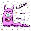 Cute monster, funny cartoon character, colorful hand drawing. Cheerful purple one-eyed fairy tale creature crawls on tail