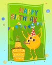 Cute monster at happy birthday party, set vector illustration, funny cartoon beast character at greeting card, alien Royalty Free Stock Photo