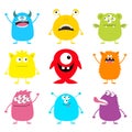 Cute monster icon set. Happy Halloween. Cartoon colorful scary funny character. Eyes, tongue, hands up. Funny baby collection. Whi