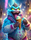 cute monster licks ice cream