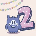 Cute monster with number two birthday card